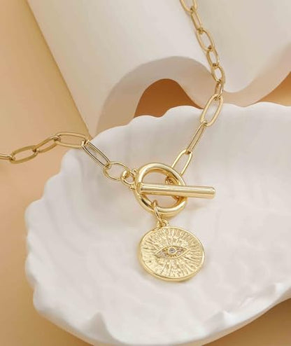 Chunky Gold Necklace for Women Trendy Non Tarnish 14K Gold Plated Paperclip Chain Charm Necklaces Chunky Heart Cross Clover Pearl Pendant Necklace with Toggle Clasp Statement Jewelry Gift for Women - color: G-Evil Eye