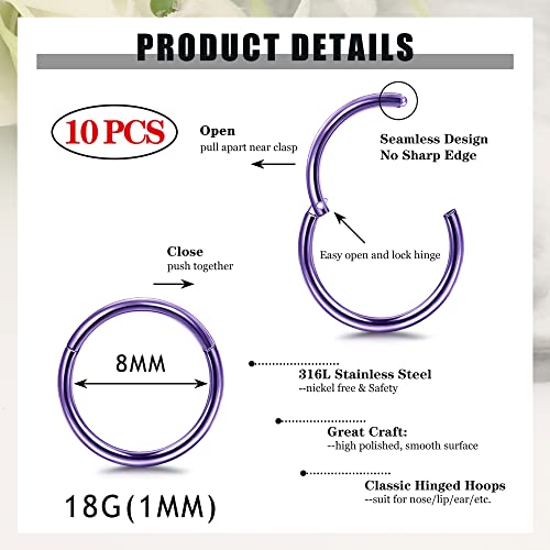 Besteel 10PCS Septum Nose Rings Hoops for Women Men - 16G 18G 316L Surgical Stainless Steel Hinged Clicker Lip Helix Rook Tragus Daith Conch Piercing Jewelry Cartilage Sleeper Earrings Set 8/10/12MM - style: 10 PCS - 18G 8MM