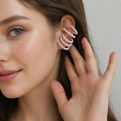 Faux Pearl Ear Cuff for Women, Multi Layer Wrap Ear Clip No Piercing, Statement Ear Crawler Jewelry for Daily Wear Party