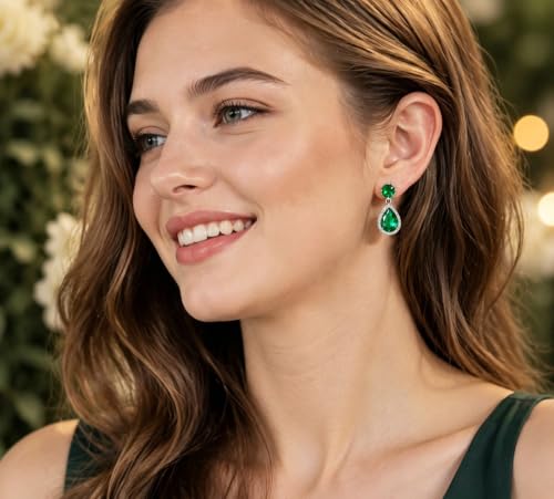 Drop Dangle Earrings Teardrop Gemstone Waterdrop White Gold Plated Crystal Hanging Cubic Zirconia Ruby Sapphire Emerald Jewelry Gift for Women Mother Wife - color: Green