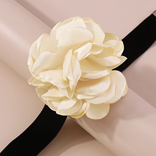 Rose Black Velvet Floral Choker Necklace - Camellia Daisy Rosette - Spring Summer Flower Jewelry - color: White