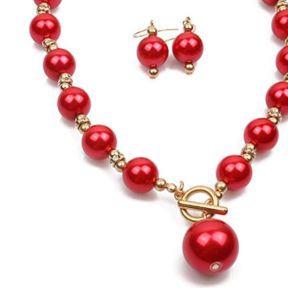 COLORFUL BLING Chunky Multicolor Simulated Pearl Choker Necklace Drop Dangle Earrings Bracelet Set Crystal Bib Big Large Round Beaded Strand for Women Brides Costume Statement 1920s Wedding Jewelry - color: Red