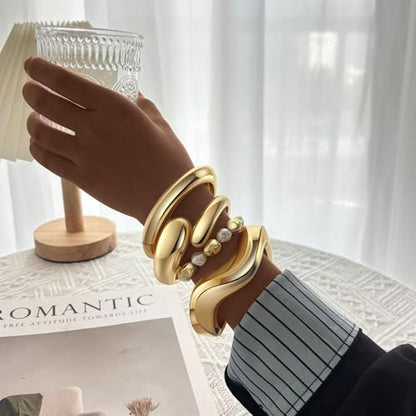 MOZAKA 4PCS Chunky Gold Bangle Bracelets for Women | Trendy Wide Wrist Cuff Bracelets Stack Statement Bangle Fashion Jewelry Gift - color: gold