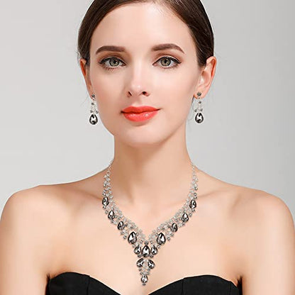 Wedding Bridal Necklace Earrings Jewelry Set for Women | Gorgeous Austrian Crystal Teardrop Flower Cluster for Bridal Bride Bridesmaid - color: 2Pcs-Grey Silver-Tone