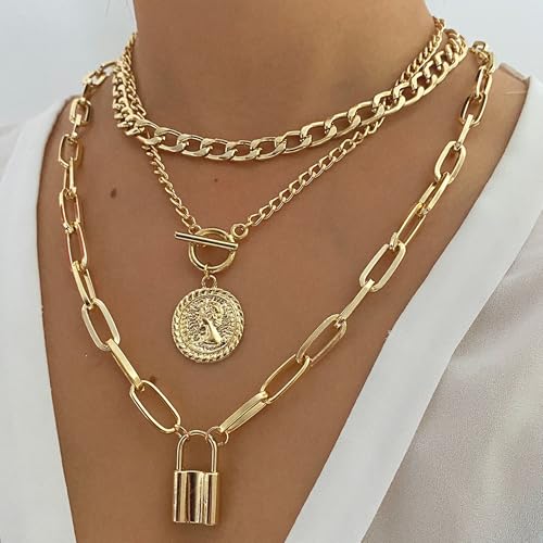 Gold Layered Necklaces for Women Chunky Stacked Necklaces for Women Trendy Retro Coin Pendant Necklace Womens Multilayer Chain Necklaces Fashion Jewelry Gifts - style: style 1