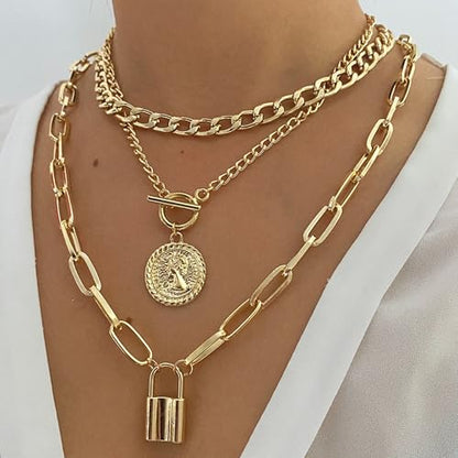 Gold Layered Necklaces for Women Chunky Stacked Necklaces for Women Trendy Retro Coin Pendant Necklace Womens Multilayer Chain Necklaces Fashion Jewelry Gifts - style: style 1
