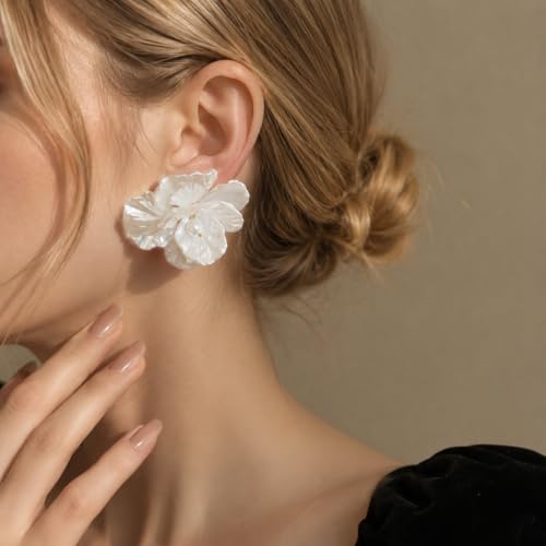 Pearl Hoop Dangle Earrings for Women, White Petal Statement Earrings, Floral Drop Earrings, Lightweight Elegant Wedding Vacation Party Jewelry - color: A0028-style C