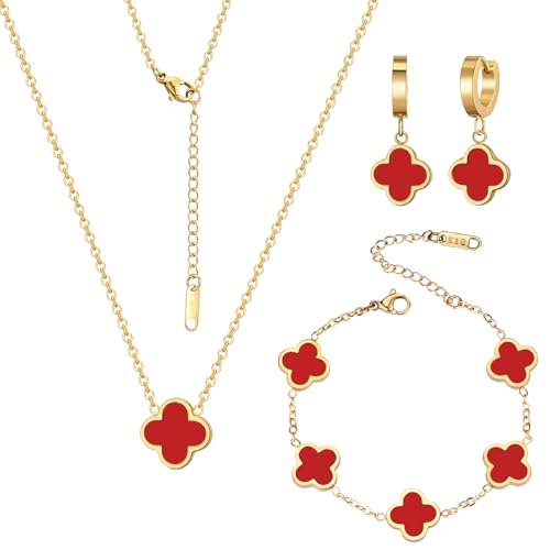 18K Gold Plated Lucky Clover Jewelry Set, Birthday Gifts for Women | Stainless Steel Hypoallergenic,Black White Red Four Leaf Clover Bracelet Necklace Earrings set, Daily Wear, Gifts for Women - color: Clover Set-Red