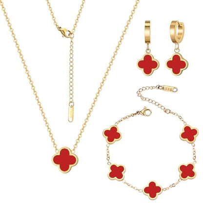 18K Gold Plated Lucky Clover Jewelry Set, Birthday Gifts for Women | Stainless Steel Hypoallergenic,Black White Red Four Leaf Clover Bracelet Necklace Earrings set, Daily Wear, Gifts for Women - color: Clover Set-Red