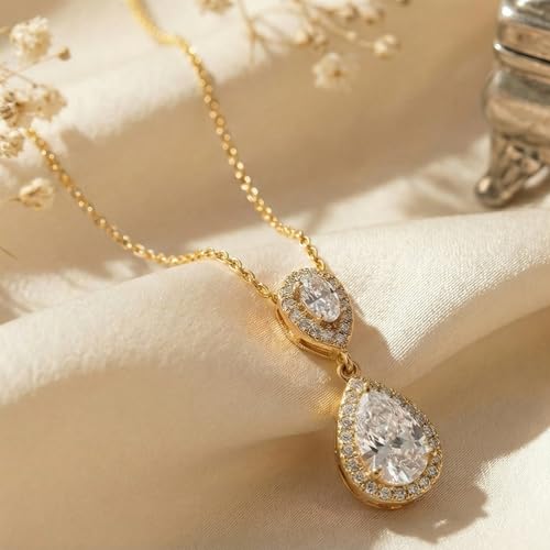 Mariell Cubic Zirconia Crystal Teardrop Bridal Wedding Pendant Necklace, Jewelry for Brides, Bridesmaids - color: Gold