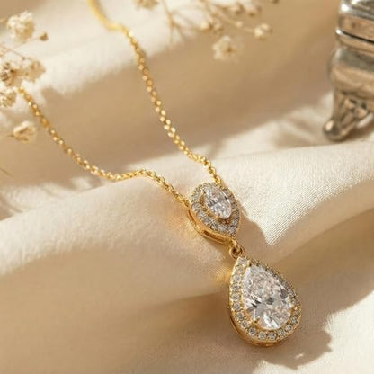 Mariell Cubic Zirconia Crystal Teardrop Bridal Wedding Pendant Necklace, Jewelry for Brides, Bridesmaids - color: Gold