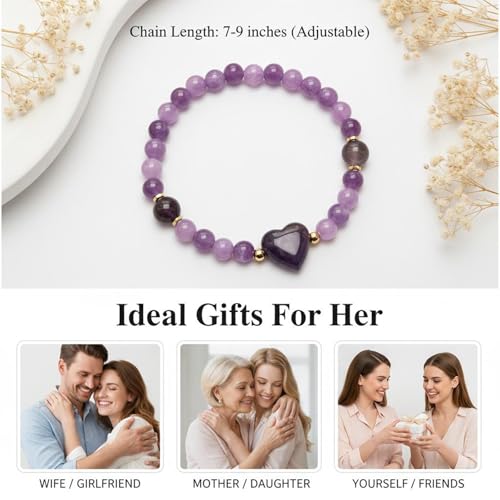 Heart Crystal Bracelet,Natural Gemstone Healing Bead Bracelet | Handmade Jewelry Gifts for Women Men,Graduation Gift for Her - color: Amethyst Bracelet