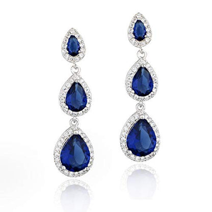 Women's Cubic Zirconia Bridal Earrings - Elegant Long Wedding Party Prom Earring for Bride Bridesmaids Crystal CZ Rhinestone Chandelier Statement Dangle Drop Earrings for Women - color: Sapphire - 14K White Gold Plated