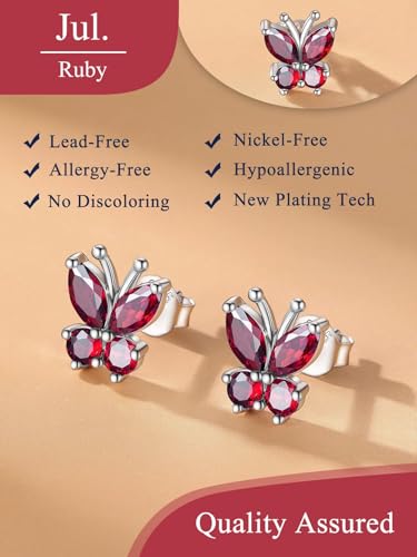 Suplight Butterfly Stud Earrings 925 Sterling Silver 14K Gold Brithstone Earrings for Women Brithstone Jewelry Gifts - color: 07.July( Ruby), size: Silver