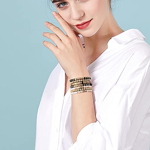 Summer Surfer Heishi Bracelet Set for Women Stackable Gold Plated Clay Ploymer Bead Stretch Pink Beach Layering Bracelets Jewelry - color: A-black&white 7pcs