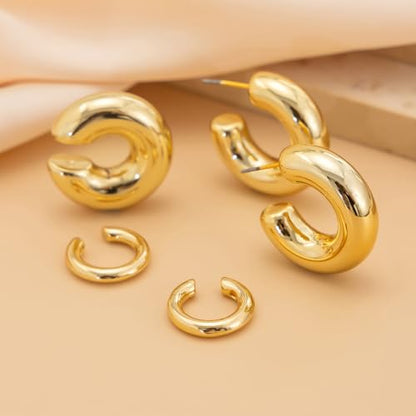 Chunky Gold Huggie Earrings Sets for Women Vinatge Non Piercing Ear Cuff Statement Earrings Personalized Large Clip On Hoop Earrings Fashion Jewelry - color: Gold