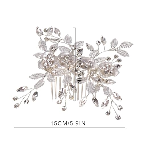 Flower Leaf Design Wedding Hair Comb, Metal Bridal Hair Accessory with Rhinestone, Wedding Prom Hair Clip Headpiece for Women (Silver Flower Leaf) - color: Silver Flower Leaf