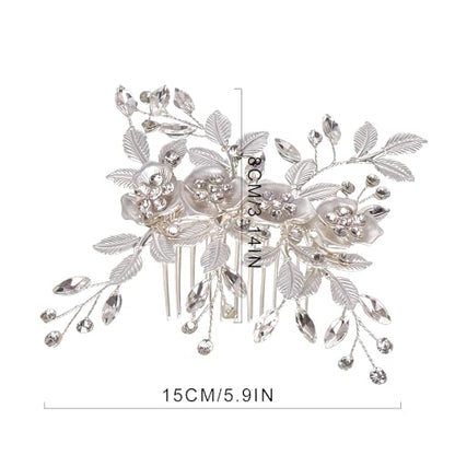 Flower Leaf Design Wedding Hair Comb, Metal Bridal Hair Accessory with Rhinestone, Wedding Prom Hair Clip Headpiece for Women (Silver Flower Leaf) - color: Silver Flower Leaf