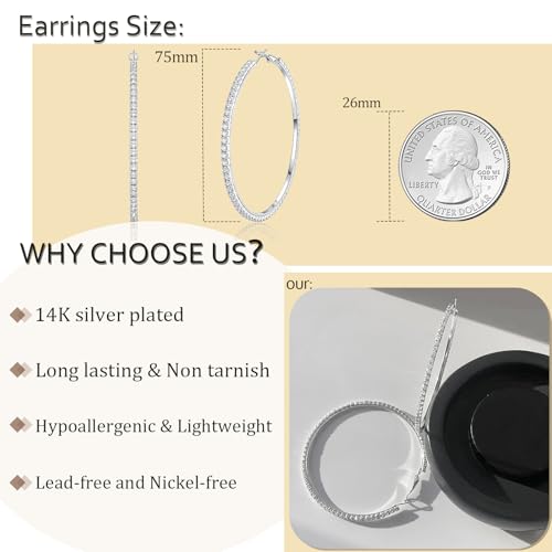 Hoop Earrings for Women, 14K Gold Sterling Silver Chunky Twisted Hoops Earring Hypoallergenic Ear Jewelry - color: Silver-75mm