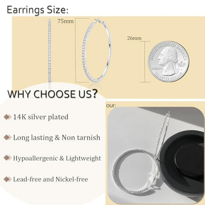 Hoop Earrings for Women, 14K Gold Sterling Silver Chunky Twisted Hoops Earring Hypoallergenic Ear Jewelry - color: Silver-75mm
