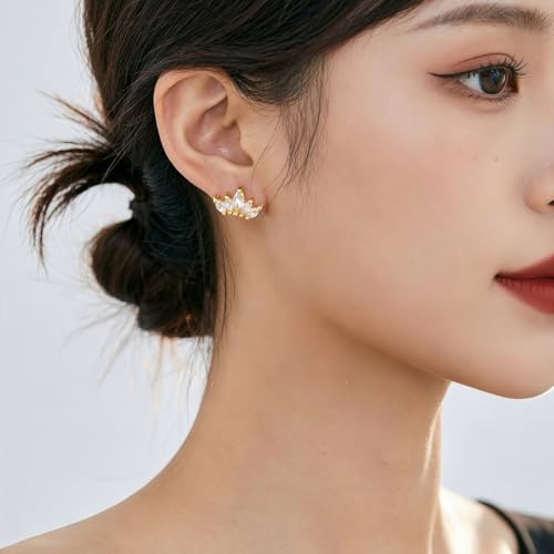 Stainless Steel 5-Stone Marquise-Cut Cubic Zirconia Flat Back Stud Earrings, 1 Pair Screw Back Ear Crawler Earrings for Women, Dainty Jewelry for Sensitive Ears Unique Gift Idea (Silver/Gold) - color: Silver