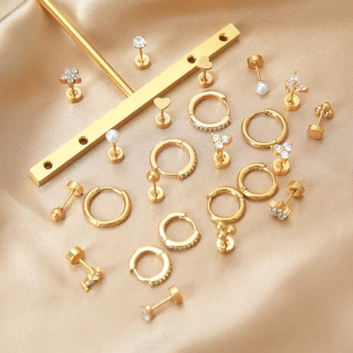 Stainless Steel Stud Earrings Set for Women Hypoallergenic Flat Back Cartilage Earrings Screw Back Huggie Hoop Earrings Multiple Piercing Cubic Zirconia Helix Tragus Jewelry - color: Set-B-14K Gold Plated