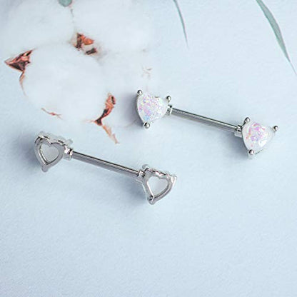 2PCS 14G Nipple Bars 316L Stainless Steel Nipple Barbell Ring Clear CZ Heart Nipple Rings Nipple Piercings Jewelry for Women - color: silver
