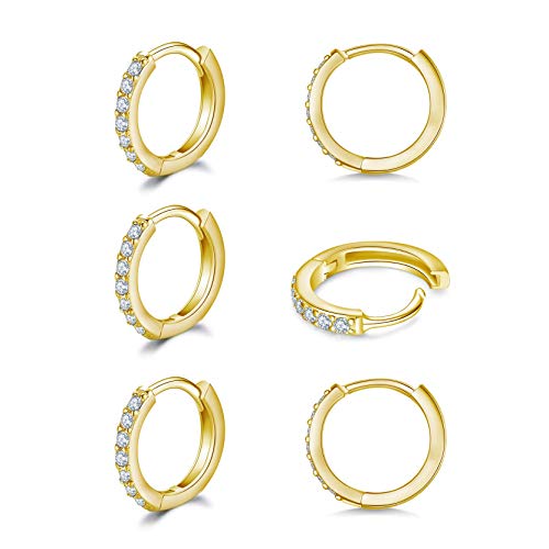 3 Pairs 925 Sterling Silver Small Hoop Earrings for Women Men | Cubic Zirconia, 14K White Gold Plated Huggie Hoop Earrings, Hypoallergenic - style: H-gold 8mm*3