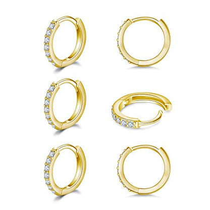 3 Pairs 925 Sterling Silver Small Hoop Earrings for Women Men | Cubic Zirconia, 14K White Gold Plated Huggie Hoop Earrings, Hypoallergenic - style: H-gold 8mm*3