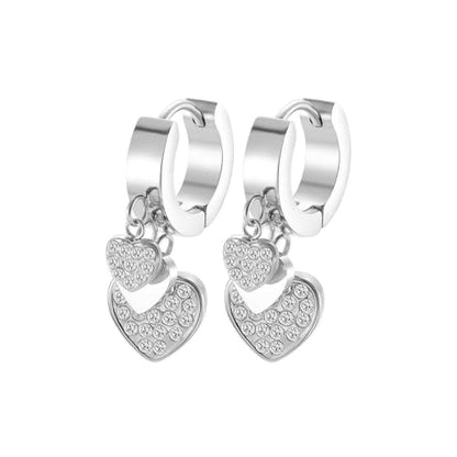 Women's Huggie Hoop Earrings with Small Cute Charm - style: Silver Two Hearts CZ