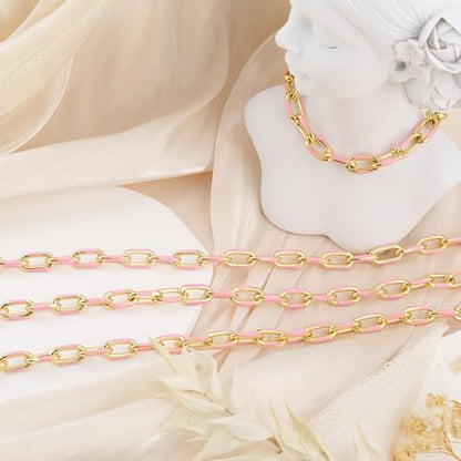 KYUNHOO 2M 18K Gold Plated Chain for Jewelry Making Pink Enamel Chain Spool | Unwelded Paperclip Chain Link Enamel Necklace Making Supplies Chunky Chains for Crafts DIY - color: Pink