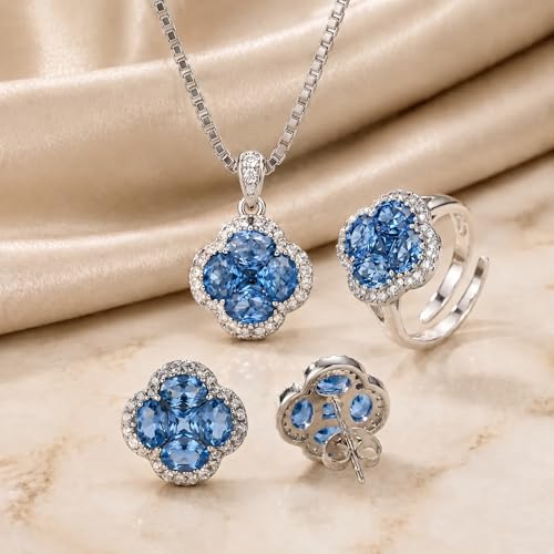 Green/Blue Zircon 4-Leaf Clover Jewelry Set – Necklace, Ring, Earrings – Women's Wedding & Evening Gift for Wife, Girlfriend, Mother – Comes with Gift Box - color: Blue 3-Piece Set