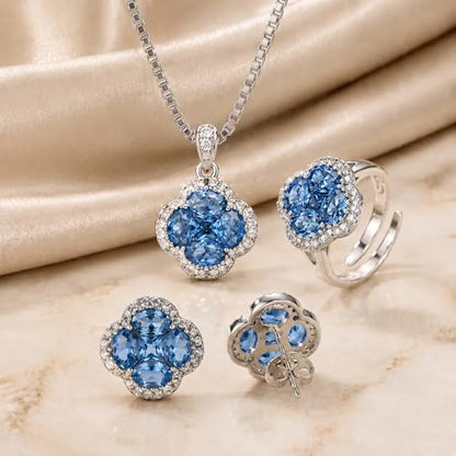 Green/Blue Zircon 4-Leaf Clover Jewelry Set – Necklace, Ring, Earrings – Women's Wedding & Evening Gift for Wife, Girlfriend, Mother – Comes with Gift Box - color: Blue 3-Piece Set