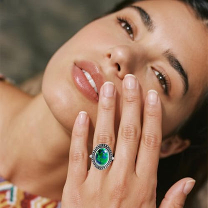 Retro Sterling Silver Stone Ring,Antique Natural Real Oval Crystal Quartz Gemstone Boho Bohemian Ring Jewelry for Women - color: A13_Green Blue Imperial Jasper