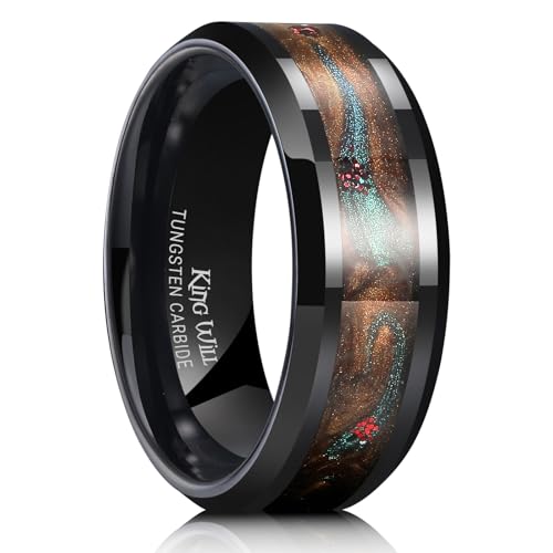 King Will Mens Galaxy Tungsten Wedding Band | 6mm/8mm, Beveled Edge, Comfort Fit, Durable, Sandstone Opal Inlay Polished, Everyday Wear - color: Bluegreen&Brown