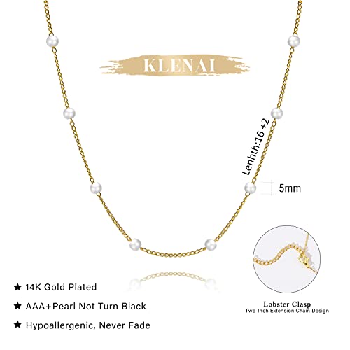 Gold Pearl Necklace For Women - 14K Gold Plated Layered Herringbone Chain Pearl Necklace, Trendy Simple Gold Jewelry Gift - color: Satellite Pearl-Gold