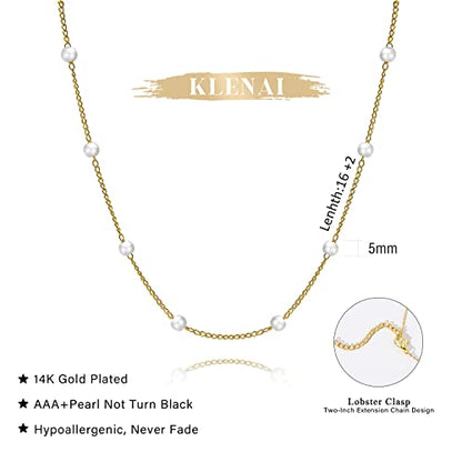 Gold Pearl Necklace For Women - 14K Gold Plated Layered Herringbone Chain Pearl Necklace, Trendy Simple Gold Jewelry Gift - color: Satellite Pearl-Gold