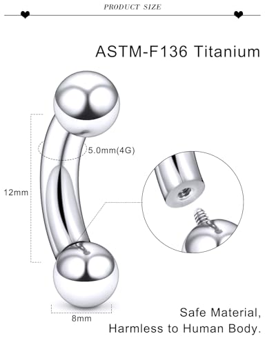 20G 18G 16G 14G 12G 8G 6G 4G 2G Astm F136 Titanium Internal Thread Eyebrow Piercing Jewelry Curved Barbell Vertical Labret Lip Daith Rook Earrings Navel Belly Button Ring Piercing Jewelry - style: 4G, 12MM Length, Ball