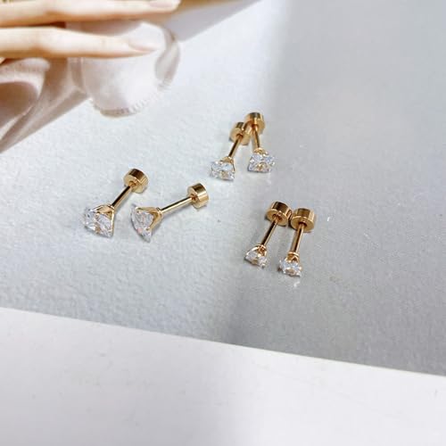 18G Princess Cut Clear Cubic Zirconia Cartilage Small Stud Earrings for Men Women Square Barbell Tragus Helix Screw Sleeper Surgical Steel Flat Back Piercing Studs Hypoallergenic 3 Pairs 3-5mm - color: Gold