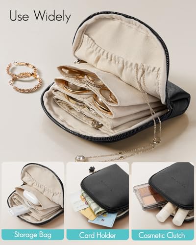 VLANDO Small Travel Jewelry Case,Velvet Pouch Bags with Zipper,Black | Travel Essentials,PU Leather Organizer with 5 Divided Sections,Carry-On Totes,Gift for Birthday,Bride,Bridesmaid,Women,Girls - color: C.Black
