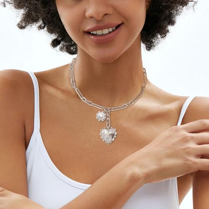 Chunky Gold Necklace for Women, 18K Waterproof Heart Necklace Statement Necklace Gold Charm Necklace Chunky Jewelry Paperclip Chain Choker Gift for Women - style: Silver Sun Heart
