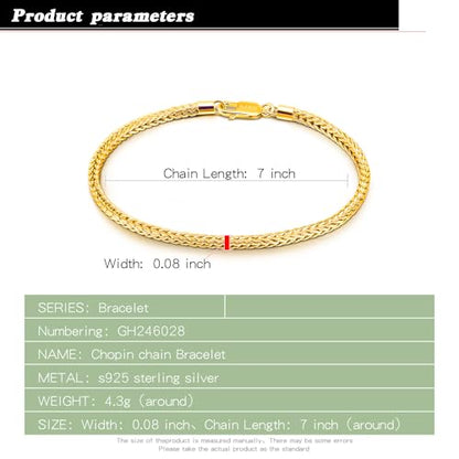 Dainty 925 Sterling Silver Chopin Chain Bracelet Women Bohemian Stackable Figaro/Box/Snake Bracelet 2MM 5 "5.9" 6.3 "6.7" 7 "7.5" 8" Jewelry Gift - color: Gold, size: 5.9 inches