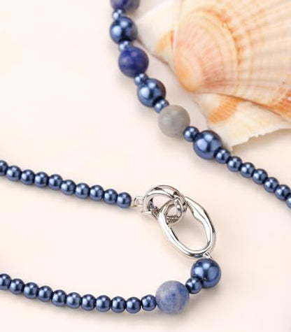 Long Beaded Necklaces for Women Pearl Stone Bead Strand - Layered Sweater Chain Elegant Mother's Day Jewelry Gifts - color: Blue