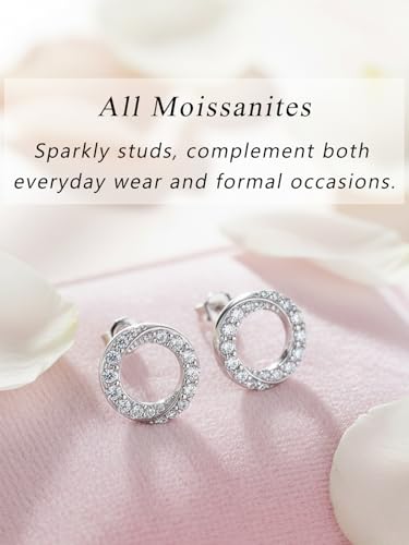 All Moissanites Sparkly Geometric Stud Earrings for Women, Solid 925 Sterling Silver with Rhodium/Gold Plated Hypoallergenic, Lightweight Comfy Earrings - color: Circle - White Gold