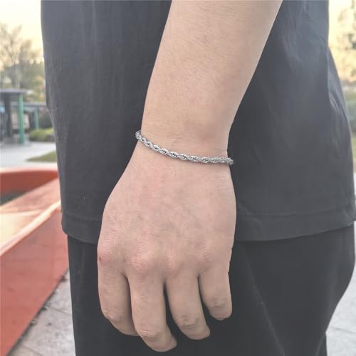 kelistom 18K Gold Silver Tone Rope Link Chain Bracelet for Women Men, 3mm 4mm Braided Rope Chain Bracelets, 7” 7.5” 8.3”, - size: 7.0", style: 4mm-silver