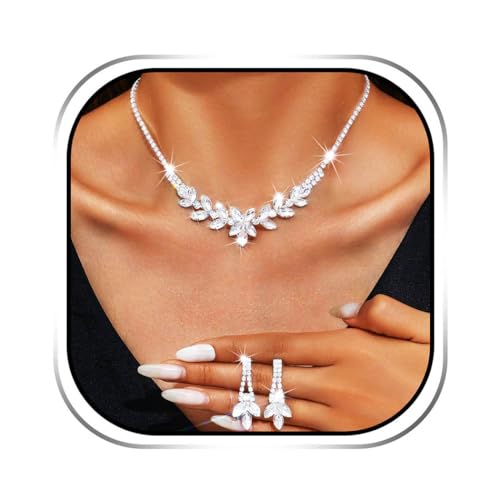JAKAWIN Bride Silver Bridal Necklace Earrings Set Rhinestone Wedding Jewelry Set Crystal Necklace for Women