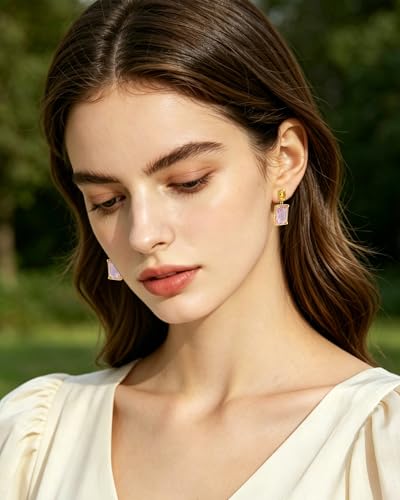 14K Gold Plated Pink Crystal Stud Square Stone Drop Dangle Geometric Earrings for Women Vacation Jewelry - color: Pink and Yellow