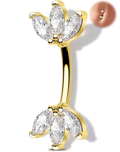 Melighting 14G Gold Lotus Belly Button Ring, Double CZ Navel Ring 316L Surgical Stainless Steel Marquise 5A CZ Steel Belly Bar 8 mm/10 mm - color: Gold, size: 14g10mm