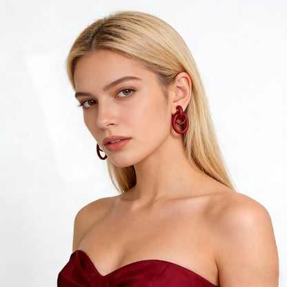 Gold Geometric Clip On Earrings for Women Chunky Gold Knot Link Clip Earrings Trendy Jewelry - color: Wine Red