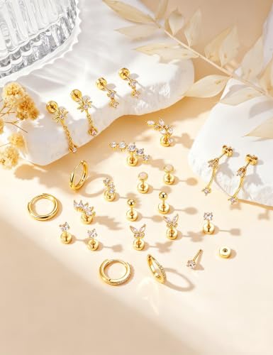 Turandoss 24Pcs Flat Back Earring Stacks, 316L Surgical Steel Earrings | Hypoallergenic Earrings for Sensitive Ears, Small Dainty Earrings Set, Helix Tragus Conch Daith Piercing Jewelry - color: 14K Gold Plated